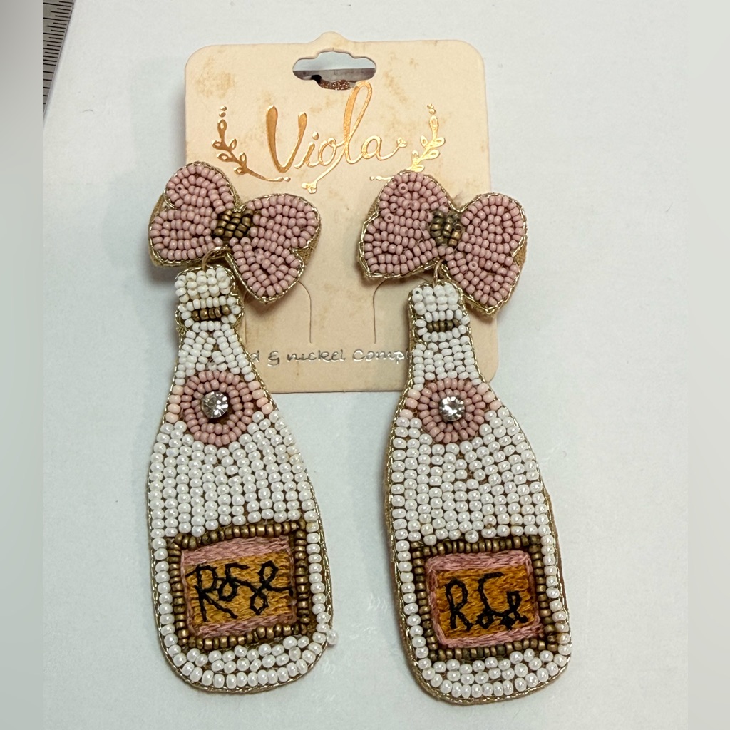 Viola Beaded Ros Champagne L Wine Bottle Statement Earrings Pink Bow Nwt